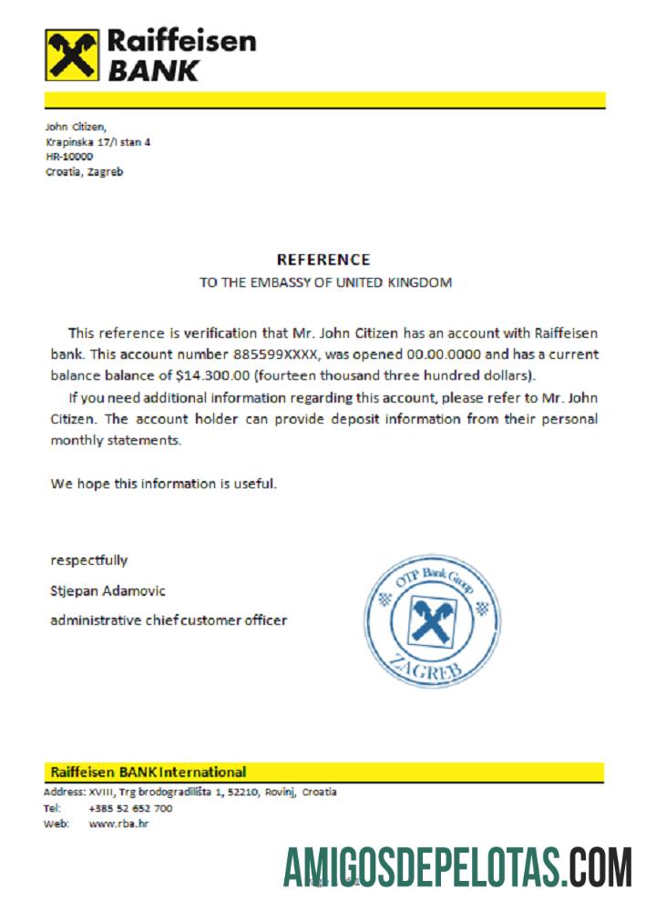 Referência do Banco Raiffeisen da Croácia baixar para verificação